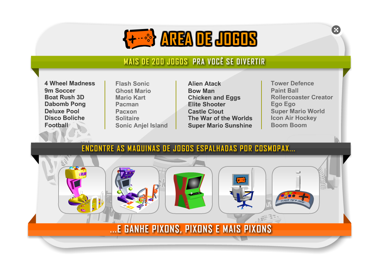 Ilustração de um cabeçalho ou botão com o texto 'ÁREA DE JOGOS' em fonte estilizada e vibrante. Ao lado do texto, há elementos gráficos que remetem a entretenimento, como pequenos ícones de controles de videogame (as maquinas) ou formas geométricas coloridas que lembram pixels.